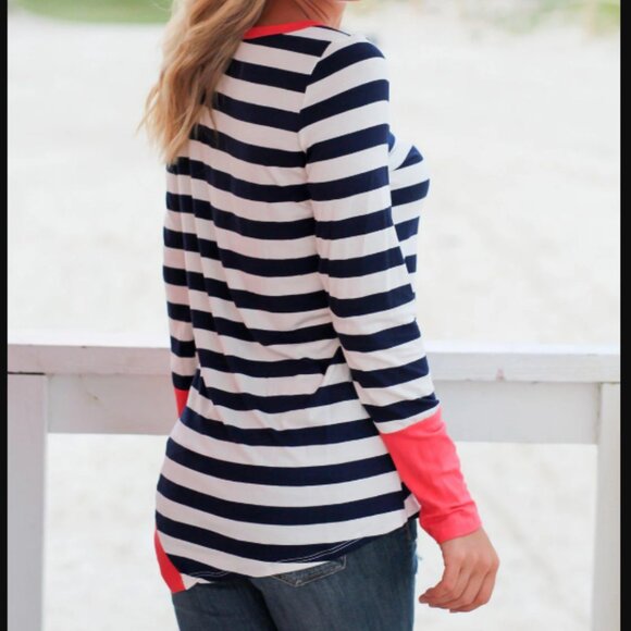 Twenty Second Black and White Striped Top with Coral Details - Picture 2 of 6